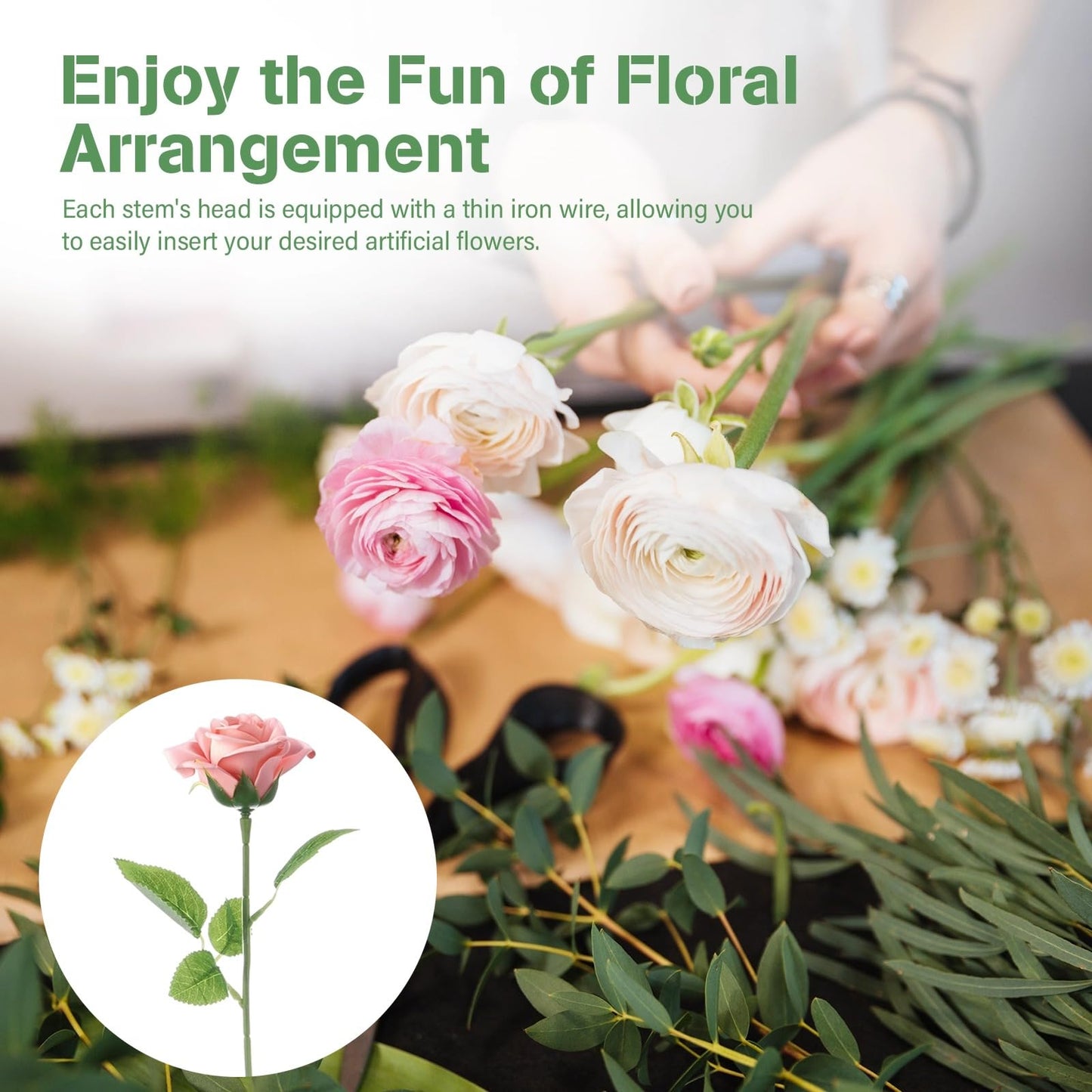 CDOKY 50 Pcs Rose Stems with Leaves & 50 Pcs Flower Calyxes Set, Fake Flower Stems Artificial Flower Sepals, Floral Arrangement Supplies, DIY Artificial Flowers Tools for Bouquet Wedding Party
