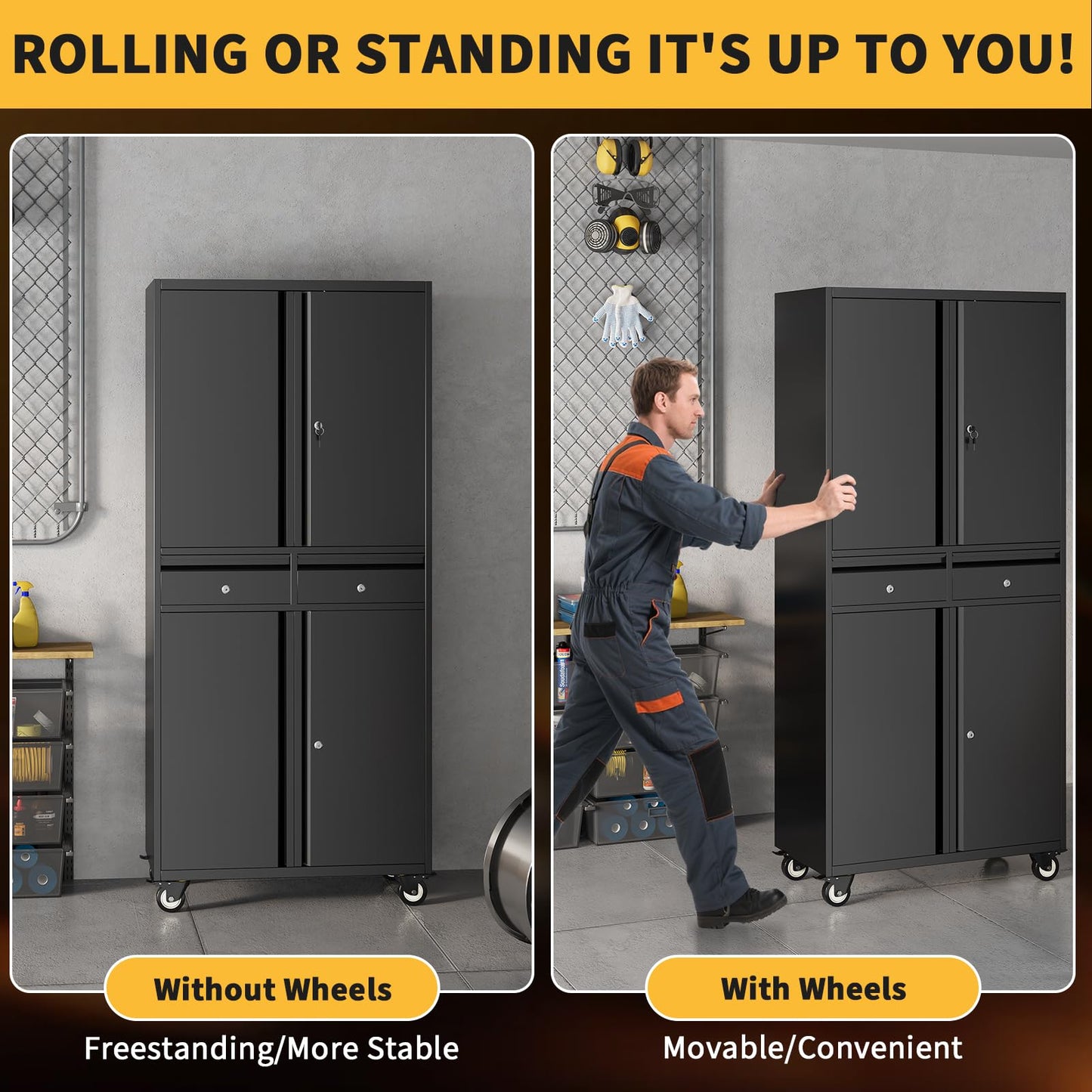 GarveeTech 73 in Metal Storage Cabinet w/Locking Doors | Adjustable Shelves + 2 Drawers | Robust Utility Storage for Garage Organization-Dark Black with Casters