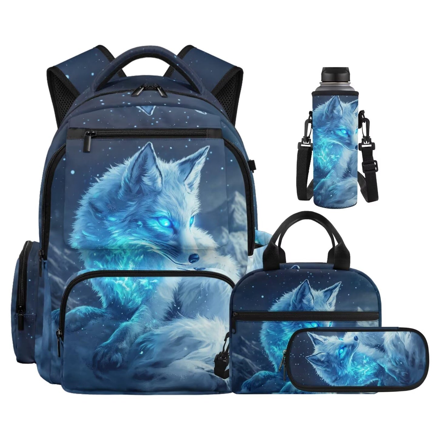 Noteligou Foxes Backpack for School Teens Girls Bookbag with Lunch Box Pencil Case and Water Bottle Sleeve 4-in-1 Aesthetic Girl School Backpack with Side Pockets 17 inch Students Shoulder Bag