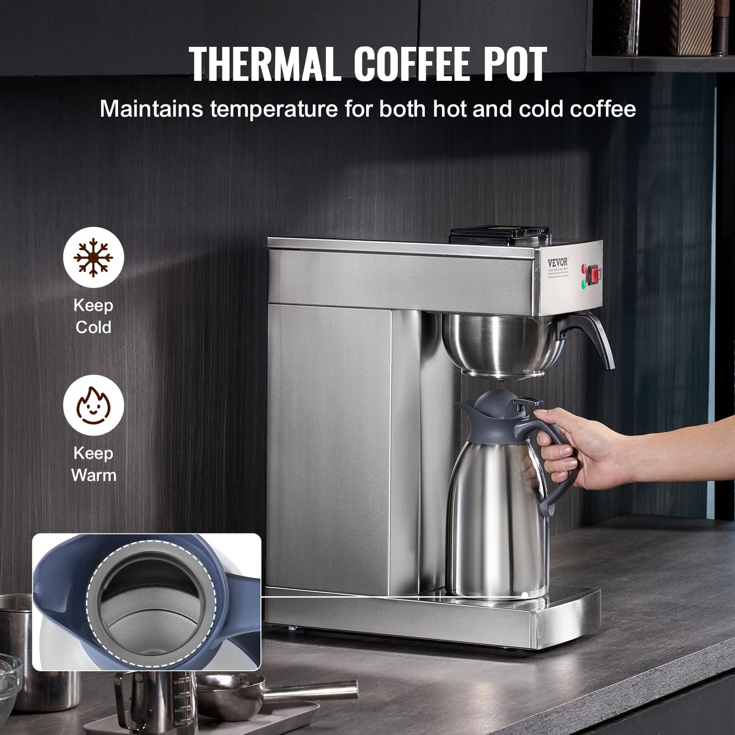VEVOR 12 Cups Commercial Drip Coffee Maker, Coffee Maker Machine with Thermal Carafe to Keep Warm or Cold, Stainless Steel Pour Over Coffee Brewer for Restaurant, Office, Cafe
