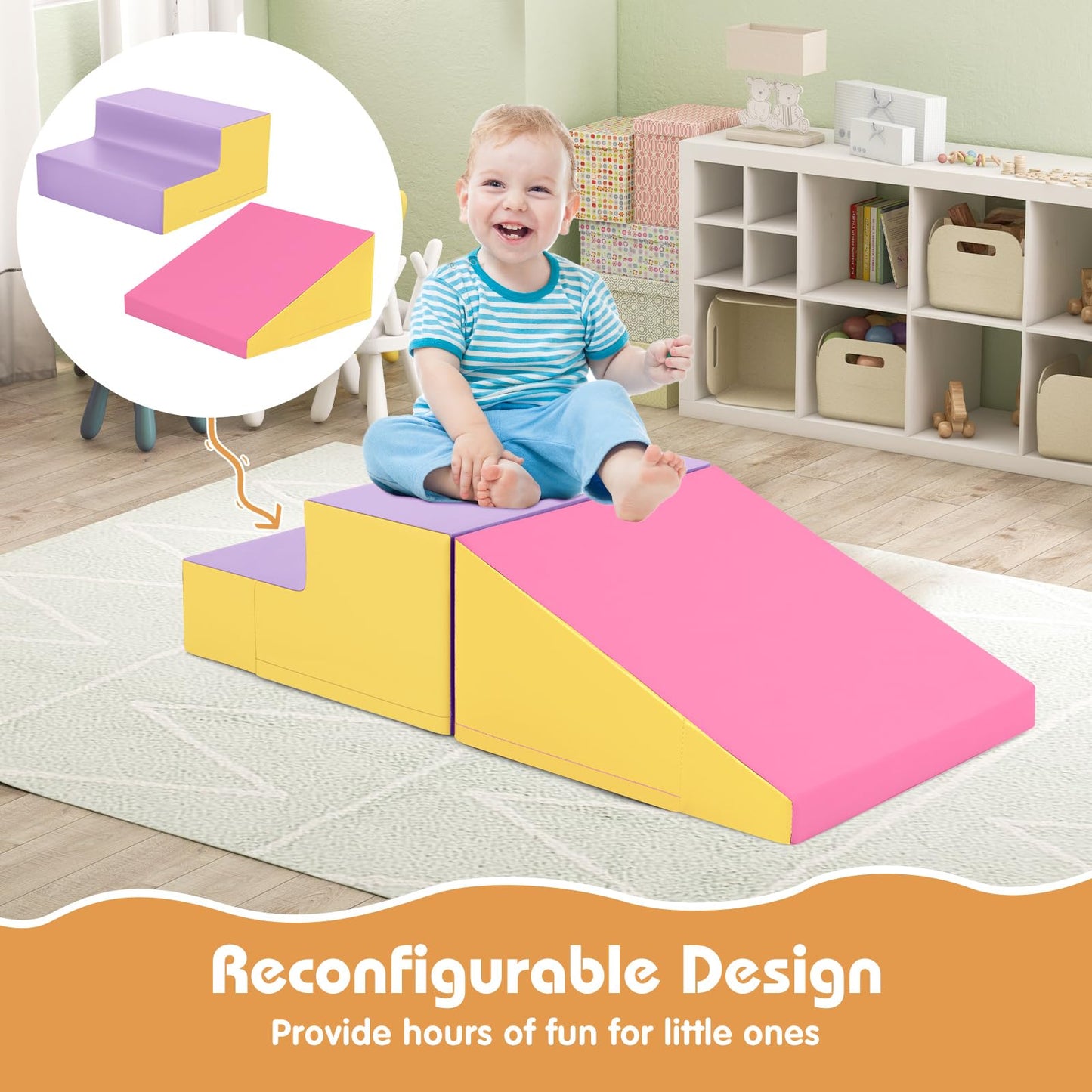 Costzon Climbing Toys for Toddlers, Soft Play Set for Crawling, Climbing, Sliding, Indoor Active Play, 2 PCS Foam Climbing Blocks for Infants Baby Kids (Rose+Yellow)