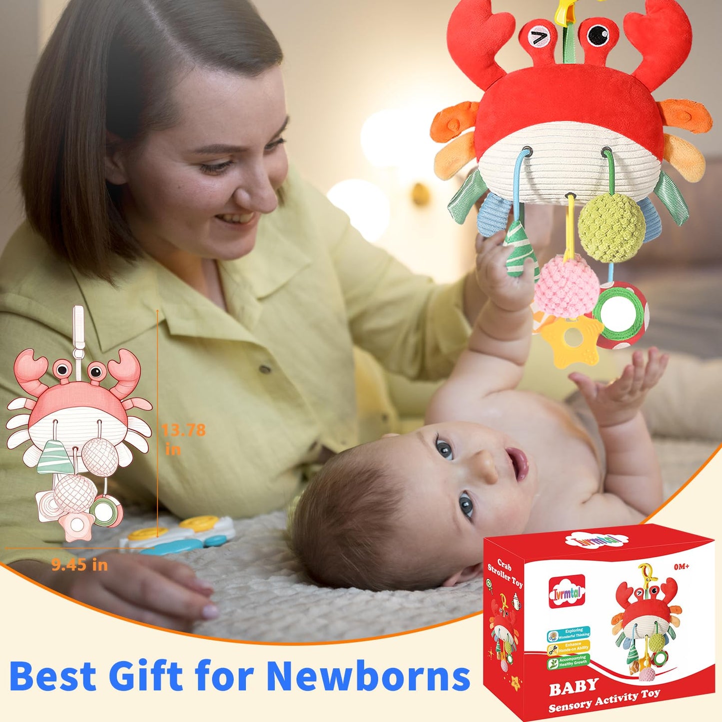 Ivrmtal Car Seat Toys for Babies, Crab Baby Toys 0-6 Months Infant Carseat Hanging Stroller Accessories Sensory Newborn Easter Gift 1 2 3 4 5 6 Month Old Boy Essentials Stuff with Clip, Rattle, Mirror