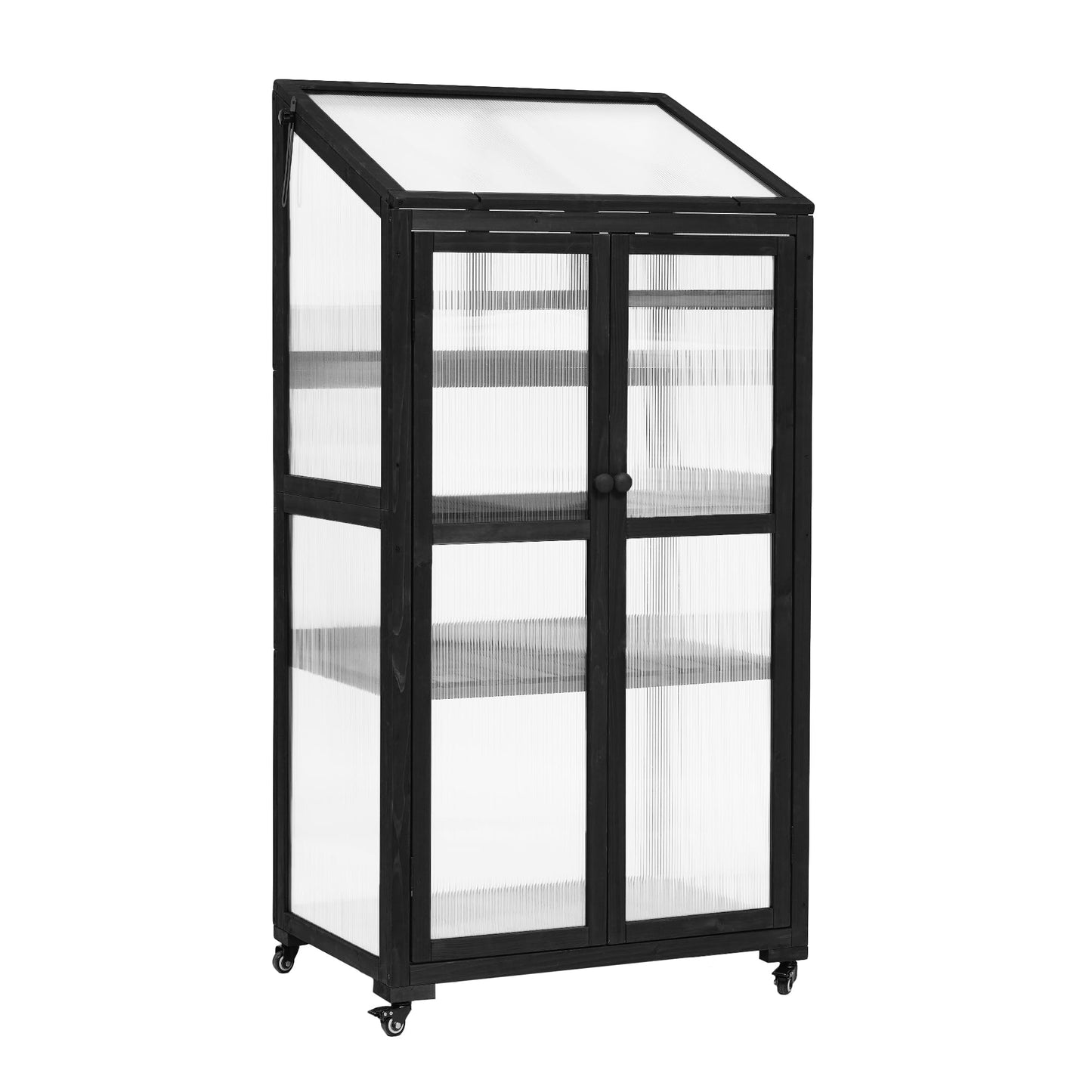 Merax Mini Greenhouse for Outdoors / Indoors, 62 inch Height Portable Wood Cold Frame with Wheels and Adjustable Shelves, Black