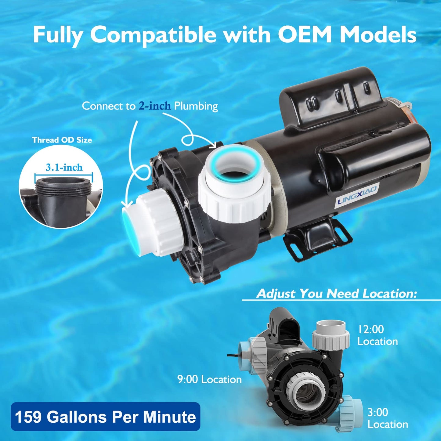 LINGXIAO Single Speed Hot Tub SPA Pumps - LX SPA Pump Motor 2.5HP, (115V or 230V)/60HZ, 2" Port, 48 Frame High Performance SPA Pump - (Model: 48WUA1653C-I)