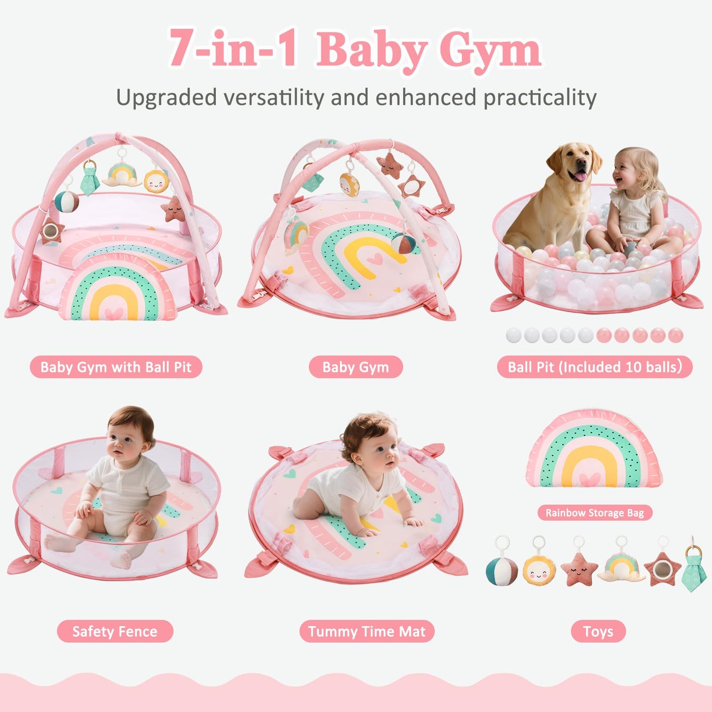 7-in-1 XL Large Baby Play Gym Mat, Tummy Time Mat, Baby Gym & Ball Pit, Baby Activity Mat with Milestone Cards & 6 Detachable Toys for Sensory Motor Skill, Rainbow