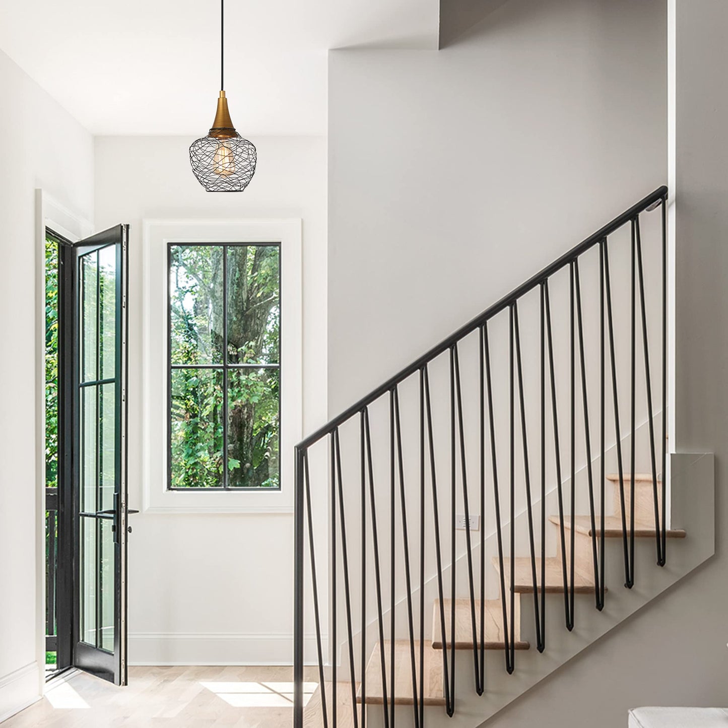 Durent Lighting Brass Modern Industrial Pendant Light, Antique Gold and Black Pendant Lighting Fixtures with Metal Wire Cage for Kitchen Island, Dining Room, Foyer and Bedroom