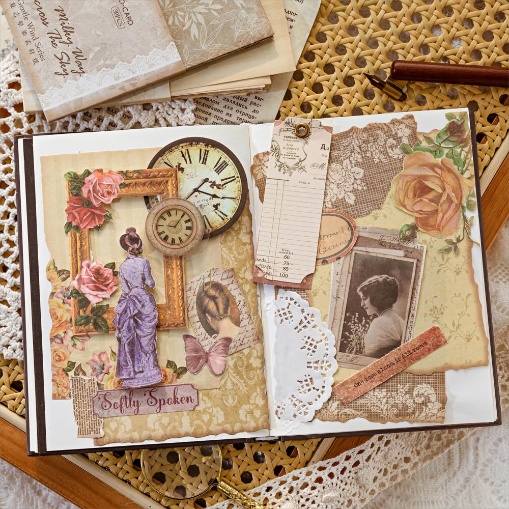 Diuhofart 180 Sheets Vintage Scrapbook Paper, Journaling Scrapbooking Supplies, Antique Aged Looking Background Paper for Junk Journals Card Making Mixed Media Decoupage Craft Arts Deco