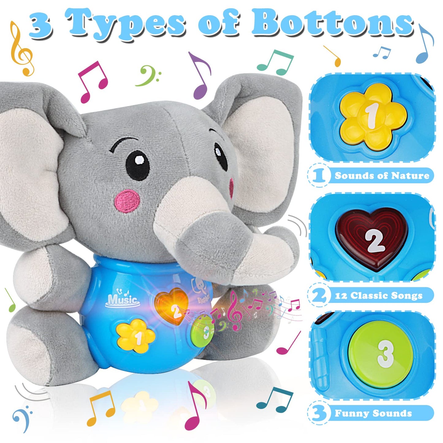 daboot Plush Musical Baby Toys，Cute Elephant Toys for 3-6-12 Months Boys & Girls, Cute Stuffed Animal Infants Baby Toy， Elephant Baby Stuff，Toys for Infants 0-6 Months