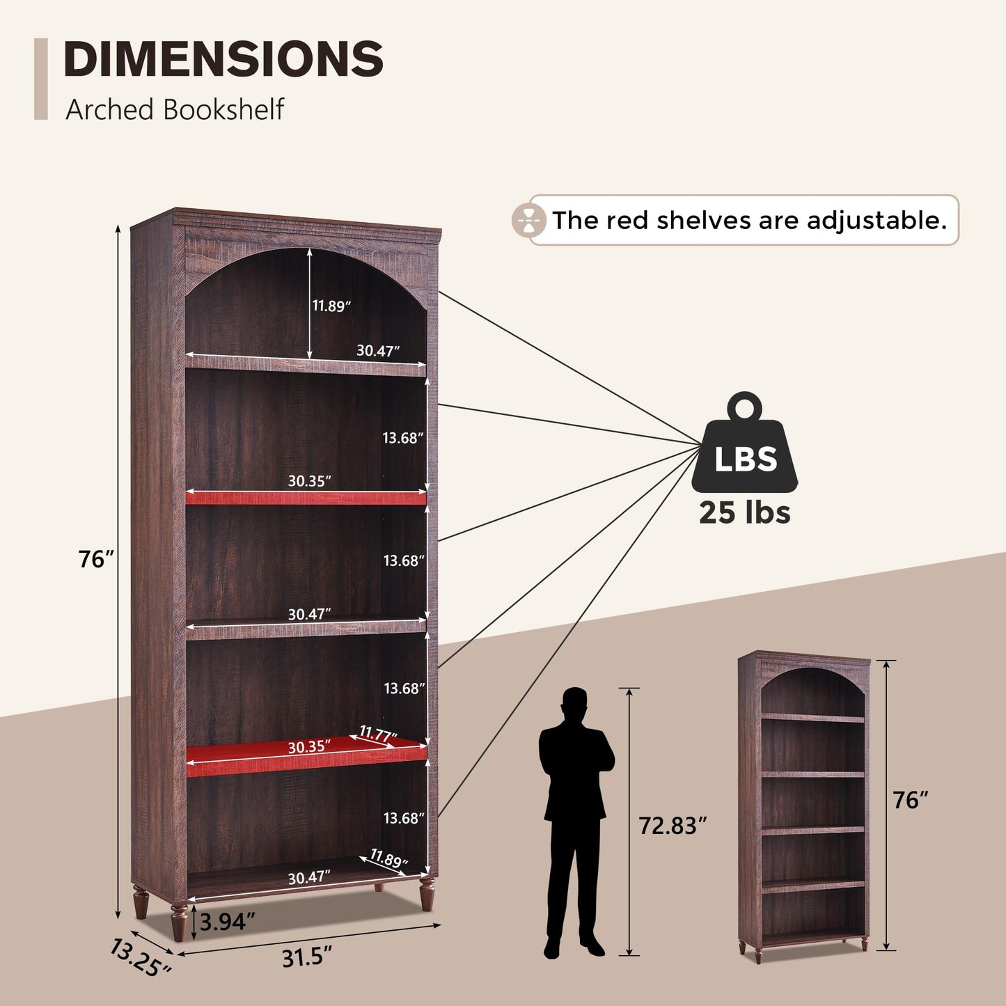 IFGET 76" Tall Arched Bookcase, Farmhouse 5 Tiers Large Arched Bookshelf Cabinet with Adjustable Shelves, Modern Wooden Book Shelf w/Storage and Open Display Shelves for Living Room, Office-Brown