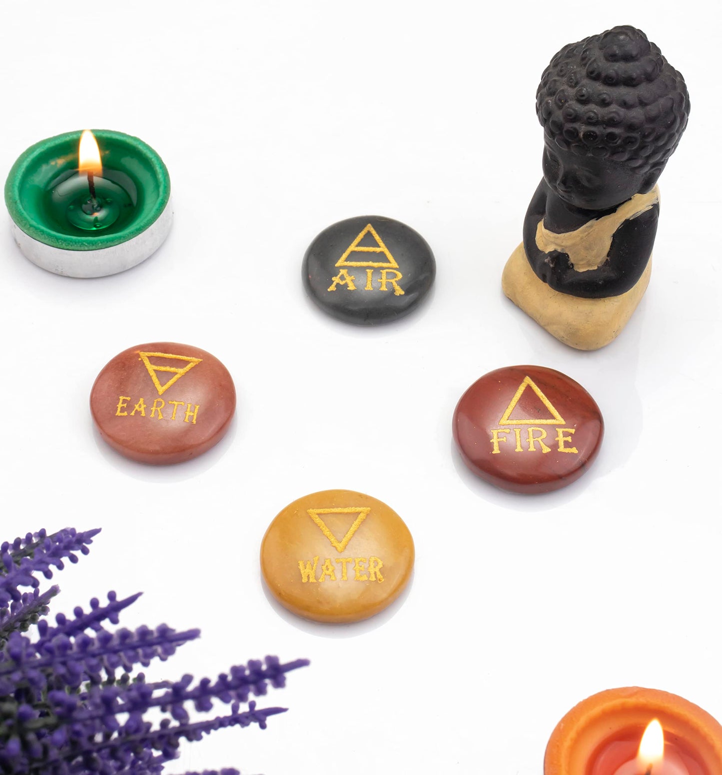 Crocon 4 Elements Assorted Stones Round Shape Engraved Triangle Symbols (Earth Air Fire Water) Polished Palm Stones for Gemstone Reiki Crystals and Healing Stones Meditation Divination Tools Gifts