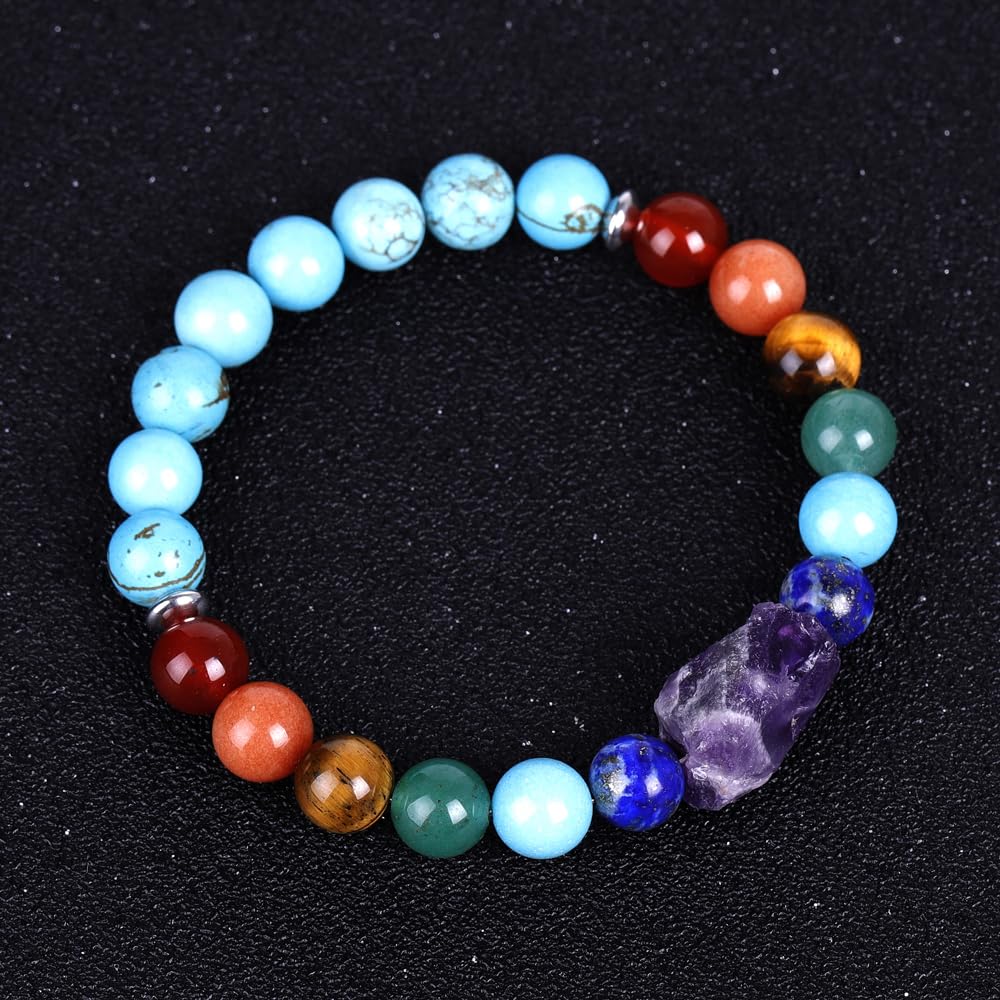 HZHRony 8mm Natural Crystal Bead Bracelet 7 Chakra Bracelet with Real Stones Anxiety Beaded Bracelets Amethyst Jewelry Gifts 7 Inches