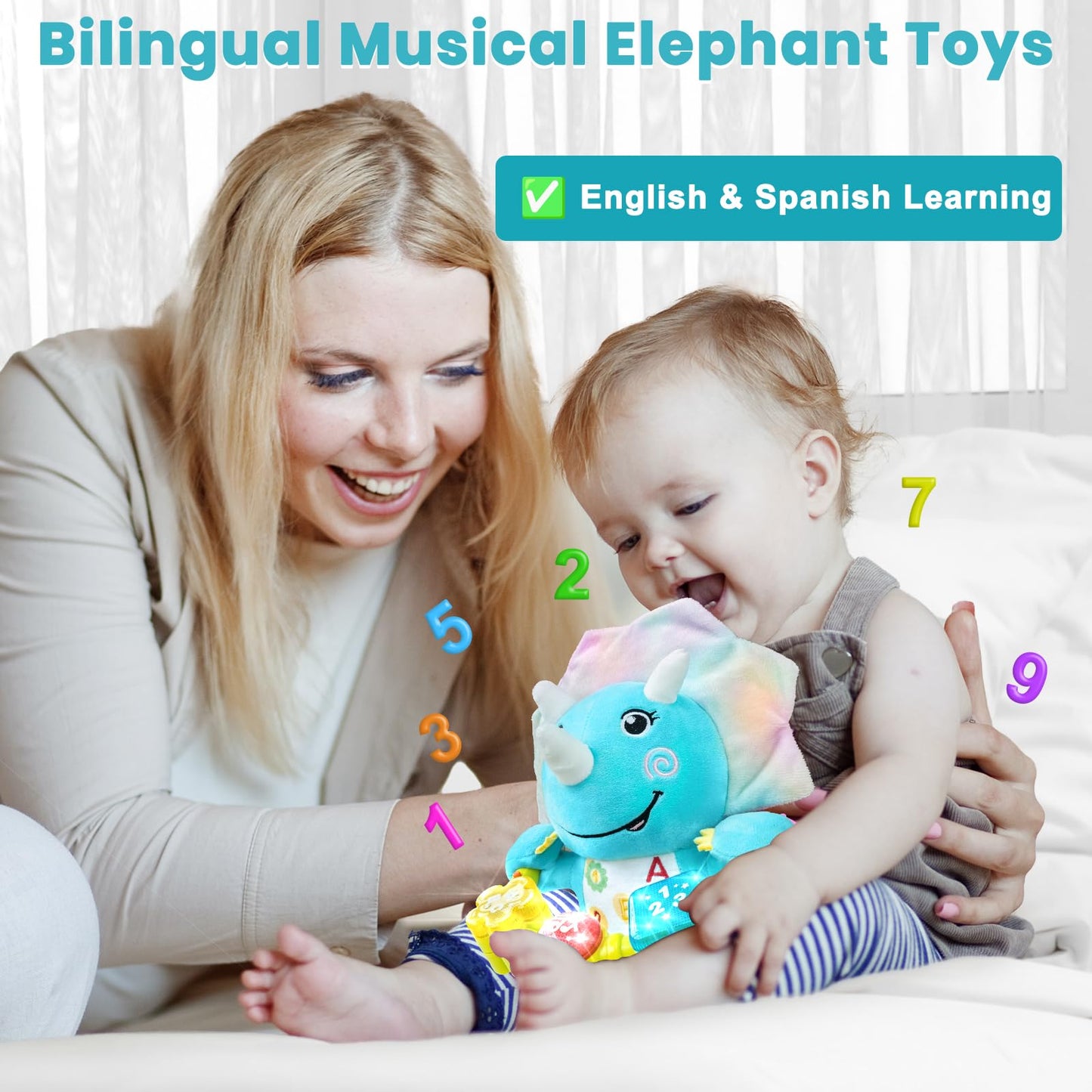 Holaxander Baby Dino Musical Stuffed Animals Toy with Light-Up Music & Crinkle Sound Paper,Infant Bilingual Early Learning Education Toys,Tummy Time Toys for 0-3-6-12+ Months Boy Girl