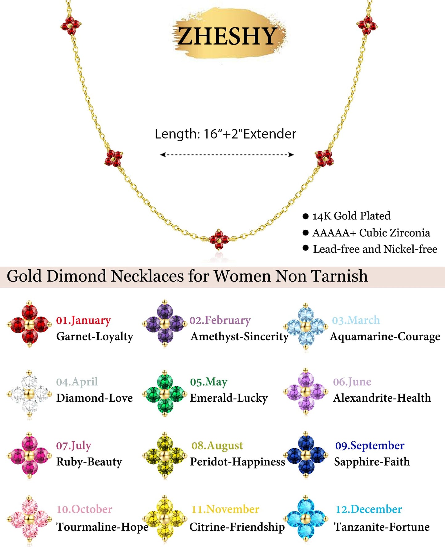ZHESHY Birthstone Gold Necklace for Women Dainty Non Tarnish 14K Gold Plated Clover Necklaces Red CZ Station Choker Necklace Birthday Gifts Womens Gold Jewelry