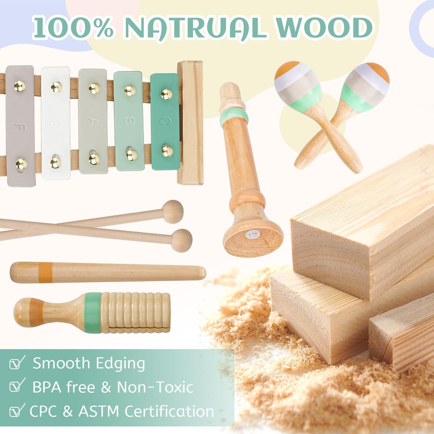 Raimy Kids Musical Instruments Set - Neutral Colors Wooden Montessori Toys Percussion Music Modern Boho Xylophone Birthday Gifts for 1 2 3 Year Old Baby Toddlers Boys Girls 3+ with Storage Bag