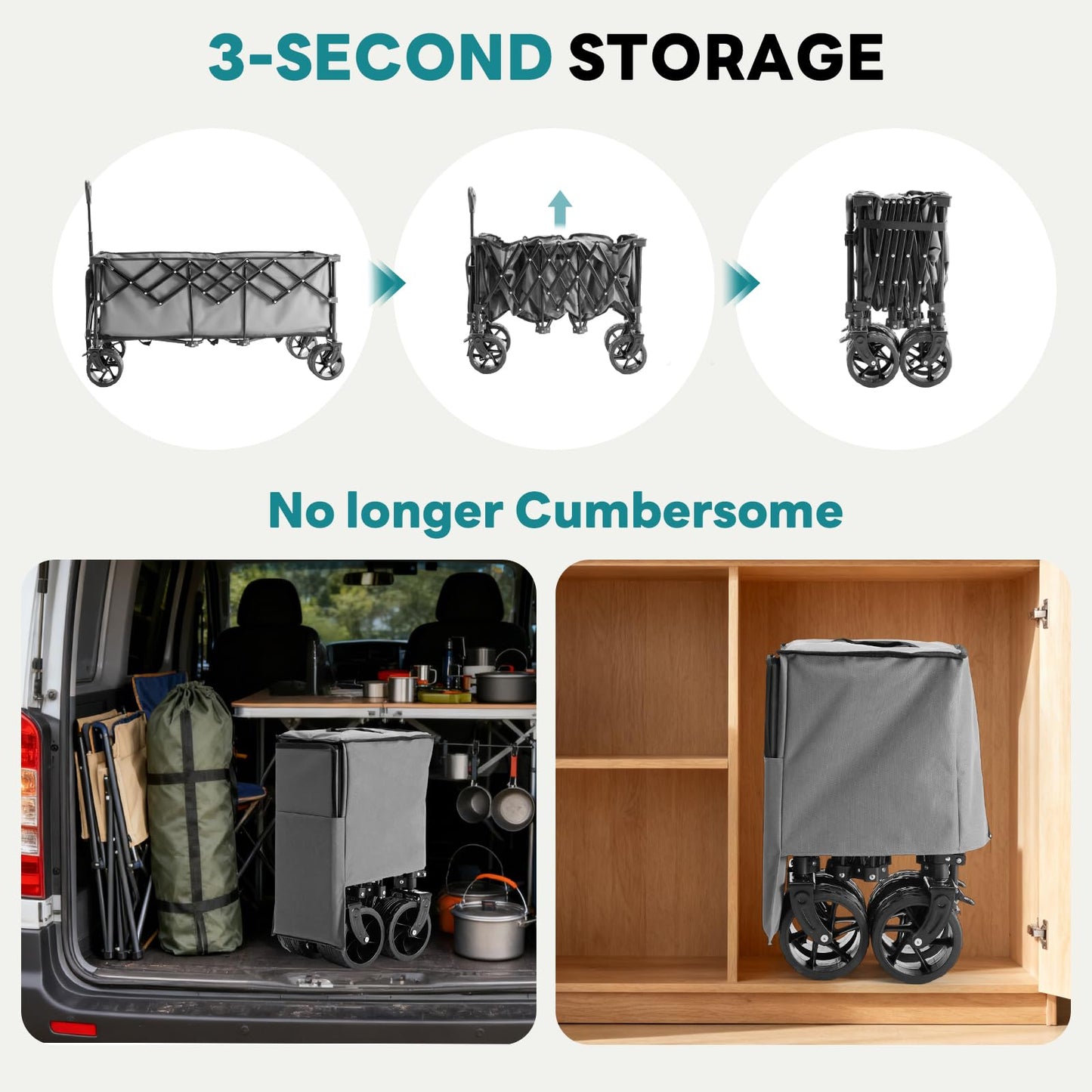 DUMOS 49''L Collapsible Extended Wagon with 440LBS Capacity, Heavy Duty Wagons Garden Cart with All-Terrain Big Wheels & Drink Holders, 250L Foldable Carts for Sports, Shopping, Camping, Grey