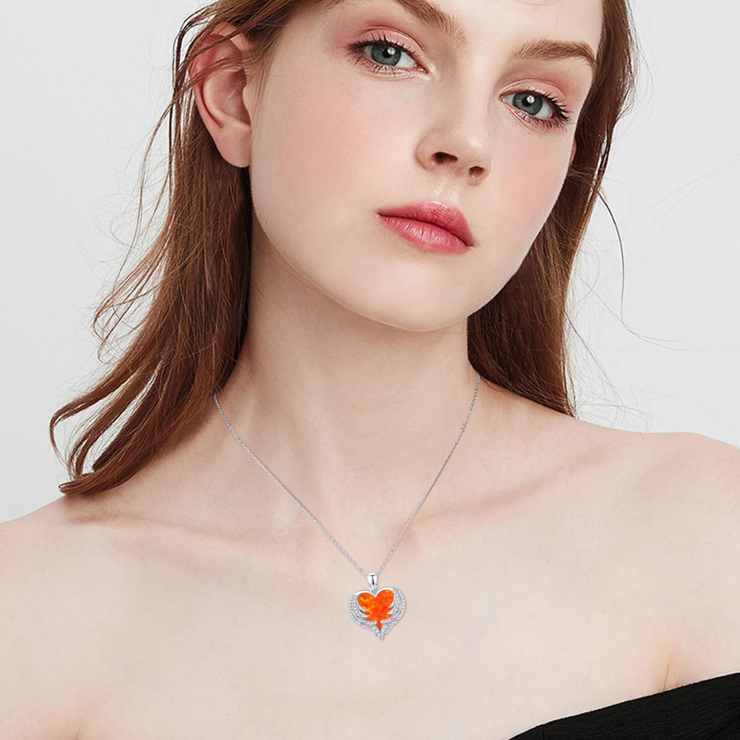 CUOKA MIRACLE Heart Necklace Angel Wing Heart Opal Necklace 925 Sterling Silver Women Necklace Guardian Angel Wings Pendant Necklace Dainty Opal Jewelry Birthday Gifts for Mom Women (Orange Opal Wings)