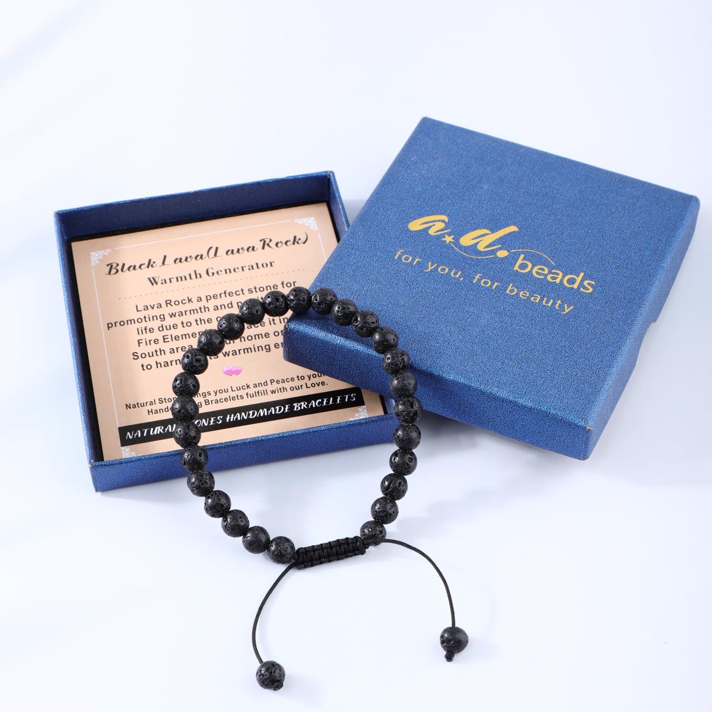 AD Beads 4mm Black Lava - Warmth Generator - Handmade Natural Stone Crystal Bracelet with Adjustable Macrame String - Yoga Healing Power Energy Gifts for Men and Women