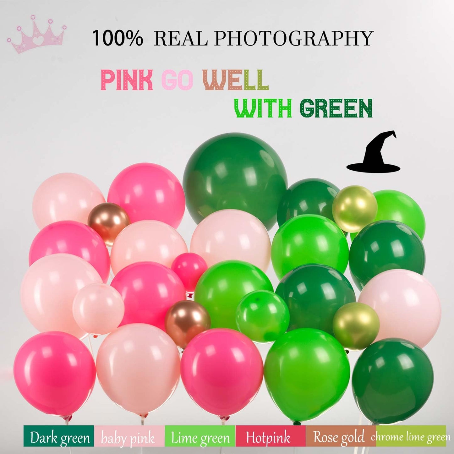 Green and Pink Balloon Garland Arch Kit, 120pcs with wizard hat star crown mylar balloon and Fringe Curtain Banner for Musical Theatre Witch Themed Birthday Baby Shower Decoration