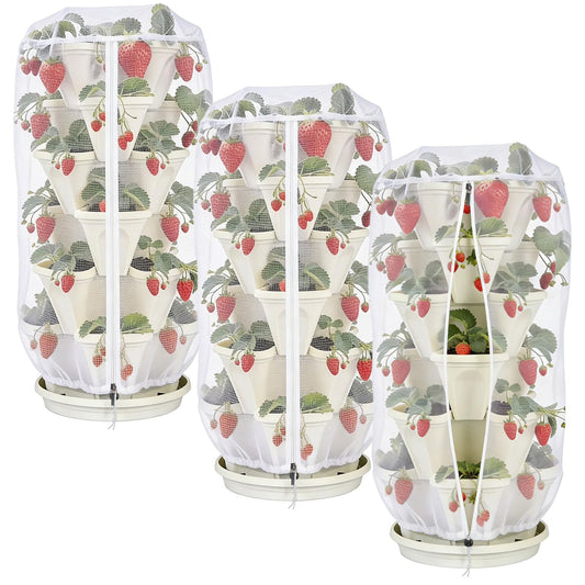 3Pack 41" x 20" Vertical Strawberry Pot Netting, Plant Pot Insect Netting with Zipper & Drawstring, Bird Barrier Planter Pot Garden Net Round Cover for 5-Tier Stackable Strawberry Fruit Vegetable
