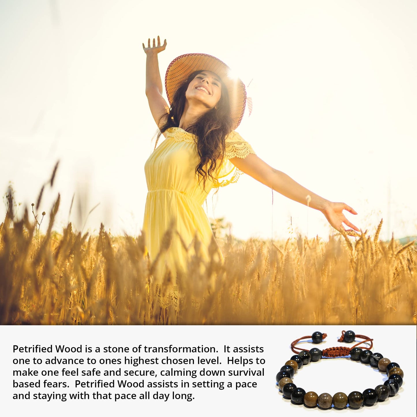 ANAYA AGATE Healing Crystal Bracelet – Chic Gemstone Bracelet for Men and Women – 8mm Round Bead Bracelets for Spiritual Healing, Protection, Positive Energy - Petrified Wood