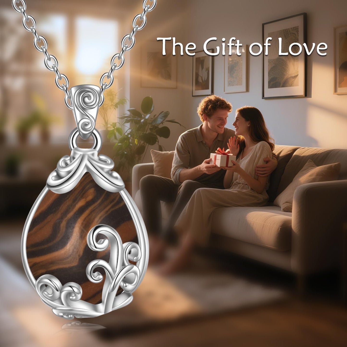 POPLYKE Sterling Silver Tiger Eye Filigree Teardrop Necklace Filigree Pendant Jewelry Gifts for Women