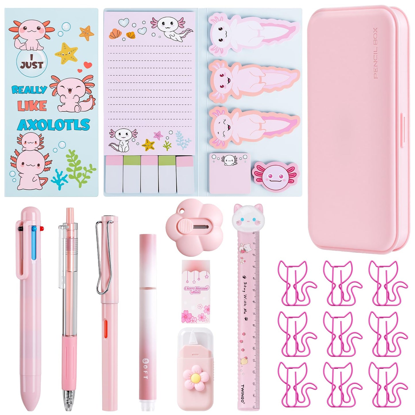11 in 1 Pink Axolotl Stationery Gifts Set School Supplies for Kids, Kawaii Stationery Kit Axolotl Office Supplies with Pencil Case, Pens & Sticky Notes Set Correction Tape Ruler Utility Knife Cat Clip