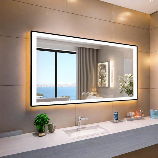 BBRUN 36" L x 60" W LED Bathroom Mirror with Lights, Dimmable Framed Bathroom Vanity Mirror, Anti-Fog, Backlit and Front Lighted, Stepless Dimmable Lighted Mirror, Lighted Vanity Mirror for Wall