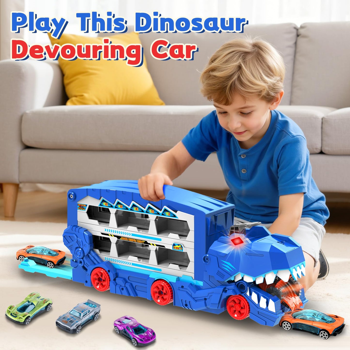 Dinosaur Transport Car Race Track Toy Set for Kids - Monster Carrier Truck Toys for Age 3 4 5 6 7 8 9 10 11 12 Years Old Boy Christmas Birthday Gifts with Die-Cast Metal Toy Cars, Light & Sound