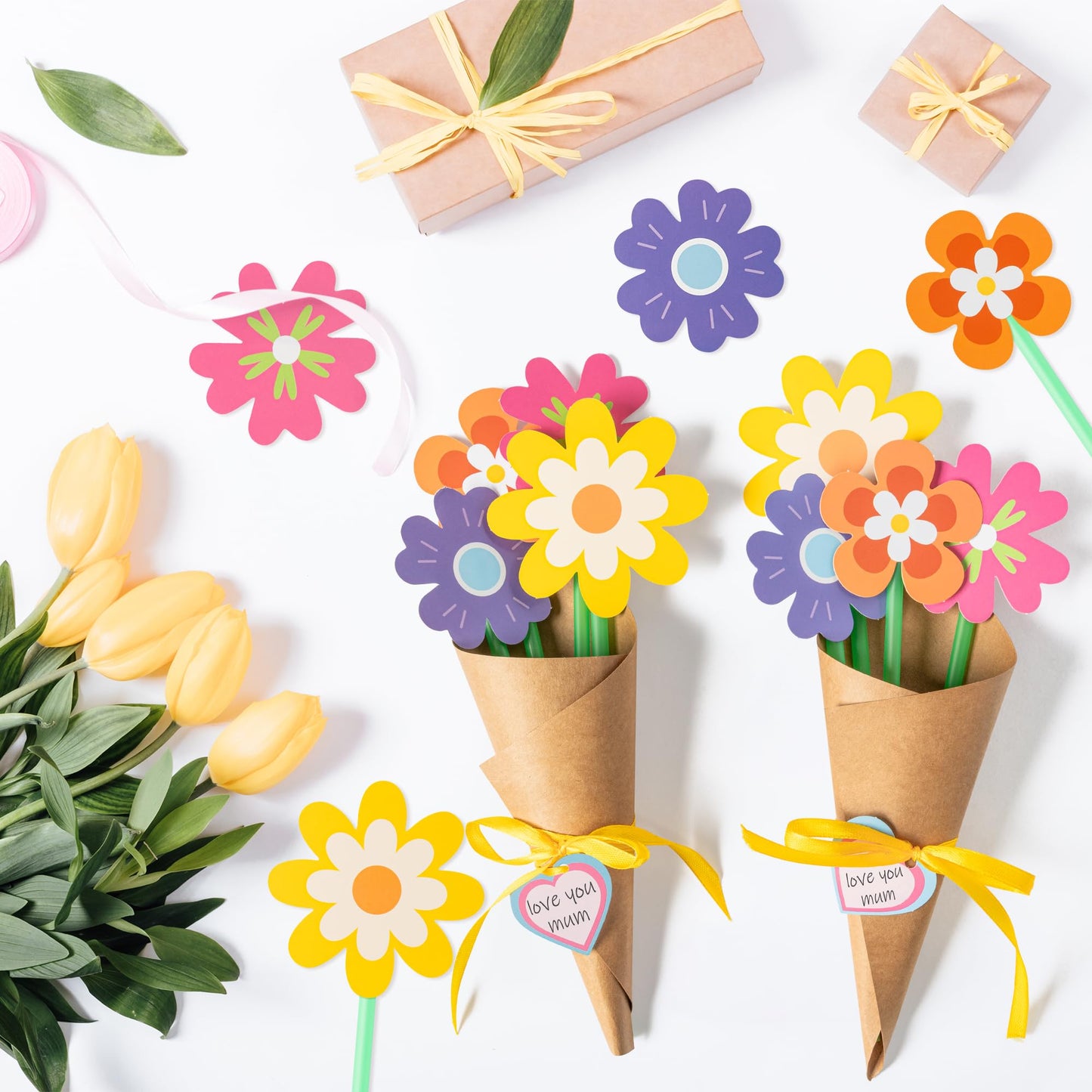 BeYumi Flower Bouquet Craft Kit - 48Pcs Mother's Day Flower Bouquet Craft for Kids Make Your Own Bunch of Flowers Teacher Appreciation Week DIY Thankful Gift Set School Classroom Home Fun Activities