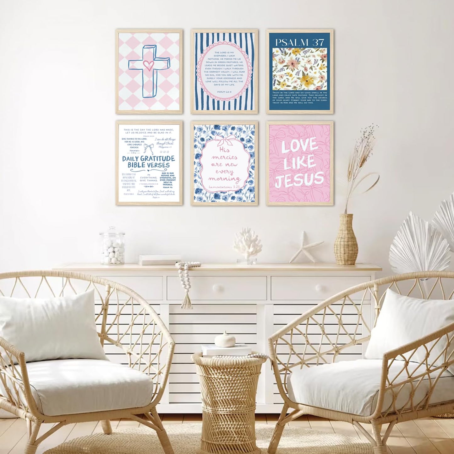 Pink Blue Christian Wall Art Set of 6, Preppy Bow Bible Verse Canvas Posters, Floral Scripture Wall Decor Pictures Jesus Religious Painting Trendy Prints for Girls Bedroom Dorm 8x10in Unframed