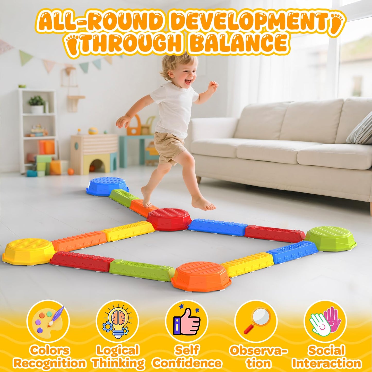 15PCS Rainbow Stepping Balance Beam Stones for Kids Toddlers - Indoor & Outdoor Sensory Toys for Outside Play Games,Without Light Up&Music Non-Slip Jumping Blocks for Obstacle Course Boy Girl Gifts