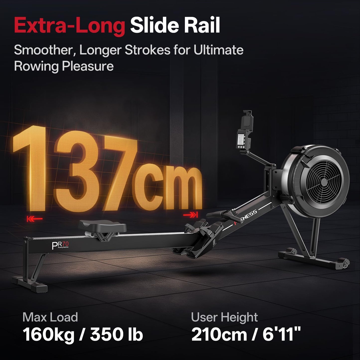 PASYOU Air Rowing Machine for Home,10-Level Resistance 350lb Load Rower Machine,Foldable Row Machines Commercial with 47in Rail and Bluetooth Backlit Monitor, Adjustable Tablet Holder PR70