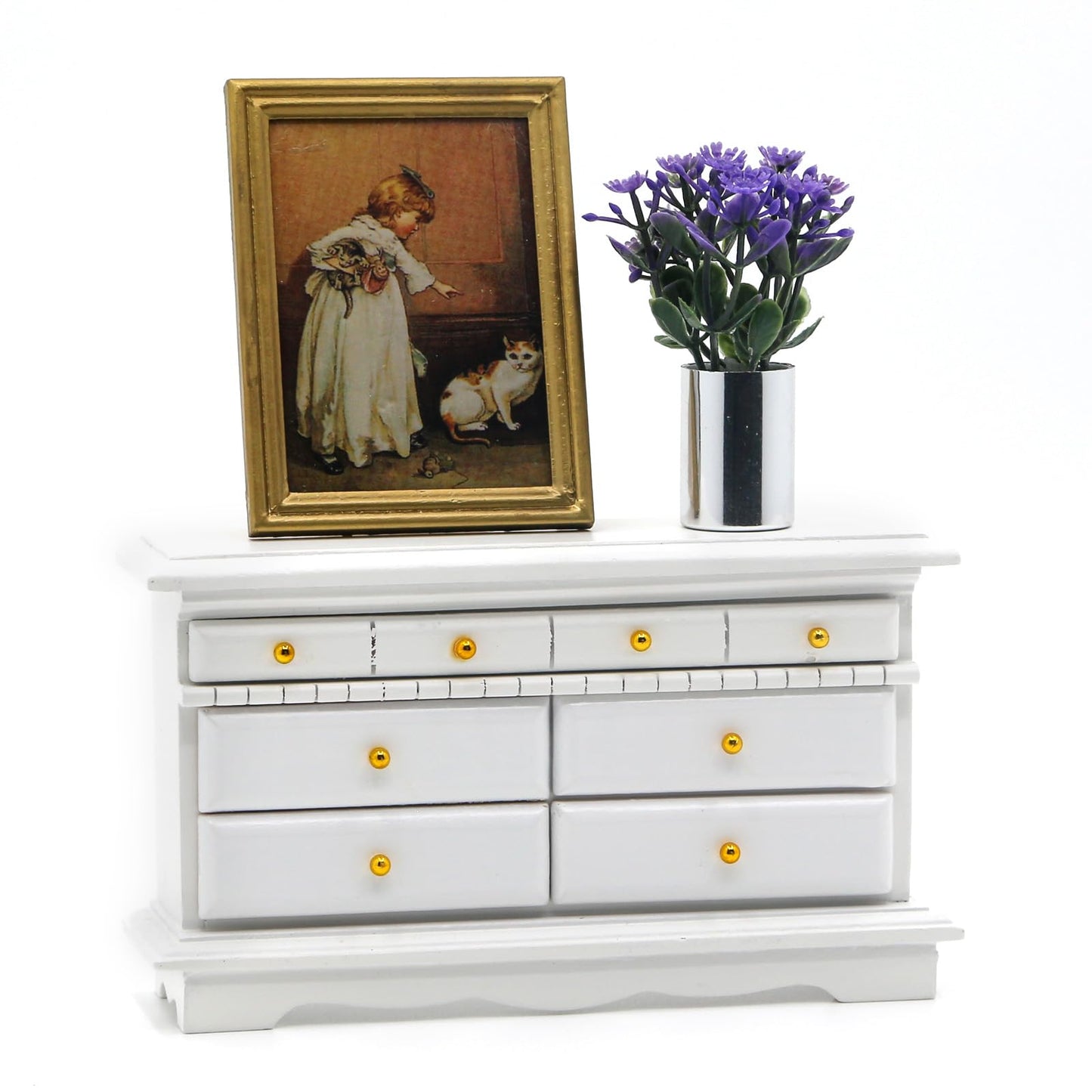 Minamzee 3Pcs 1:12 Dollhouse Side Cabinet Furniture Set, Wooden Miniature Wall Chest Cabinet with Drawers, Art Painting & Potted Plant, Cupboard Doll Accessories for Living Room,Kitchen Bedroom