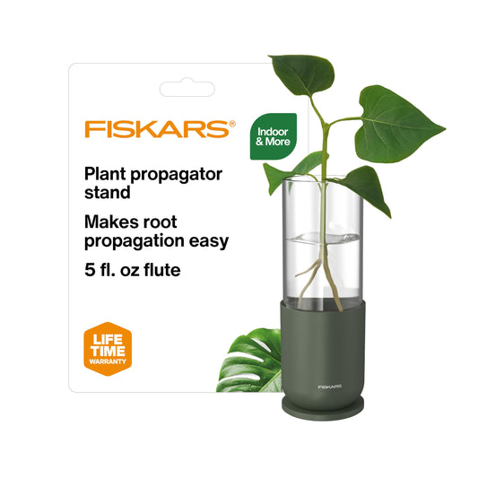 Fiskars Plant Propagator, Single Glass Vase with Metal Stand for Rooting Cuttings, Hydroponic System for Indoor Gardening Decor, Straight Sided Flute for Safe Root Removal, 5 oz, Clear