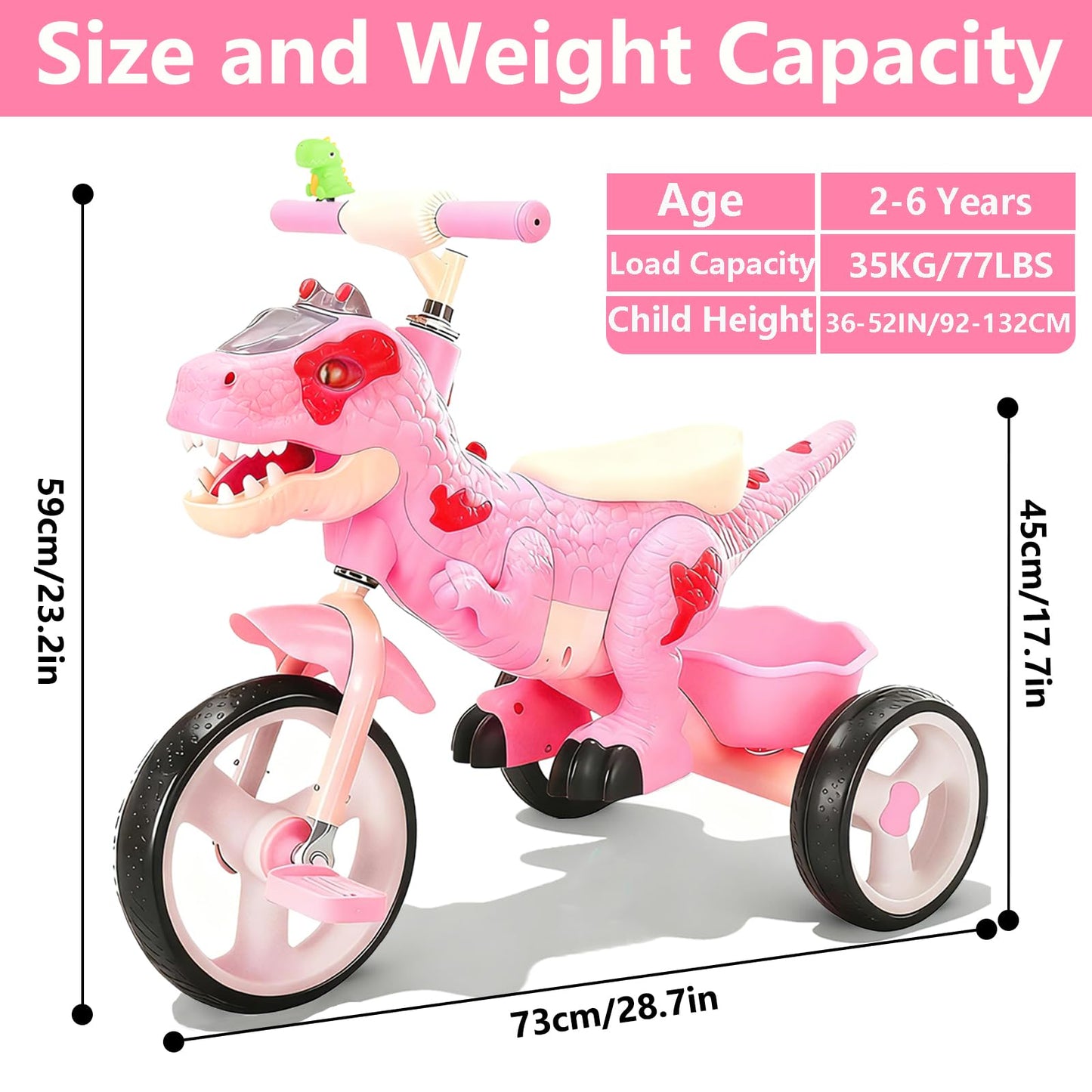 NMM Dinosaur Tricycle for Toddlers, Kids Trike with Music, LED, Tricycles for 3-5 Year Olds, for Rider, Big Wheel, Storage Basket, Horn, Toddler Bike for Boy, Dinosaur Toys for Kids 2-4 4-7