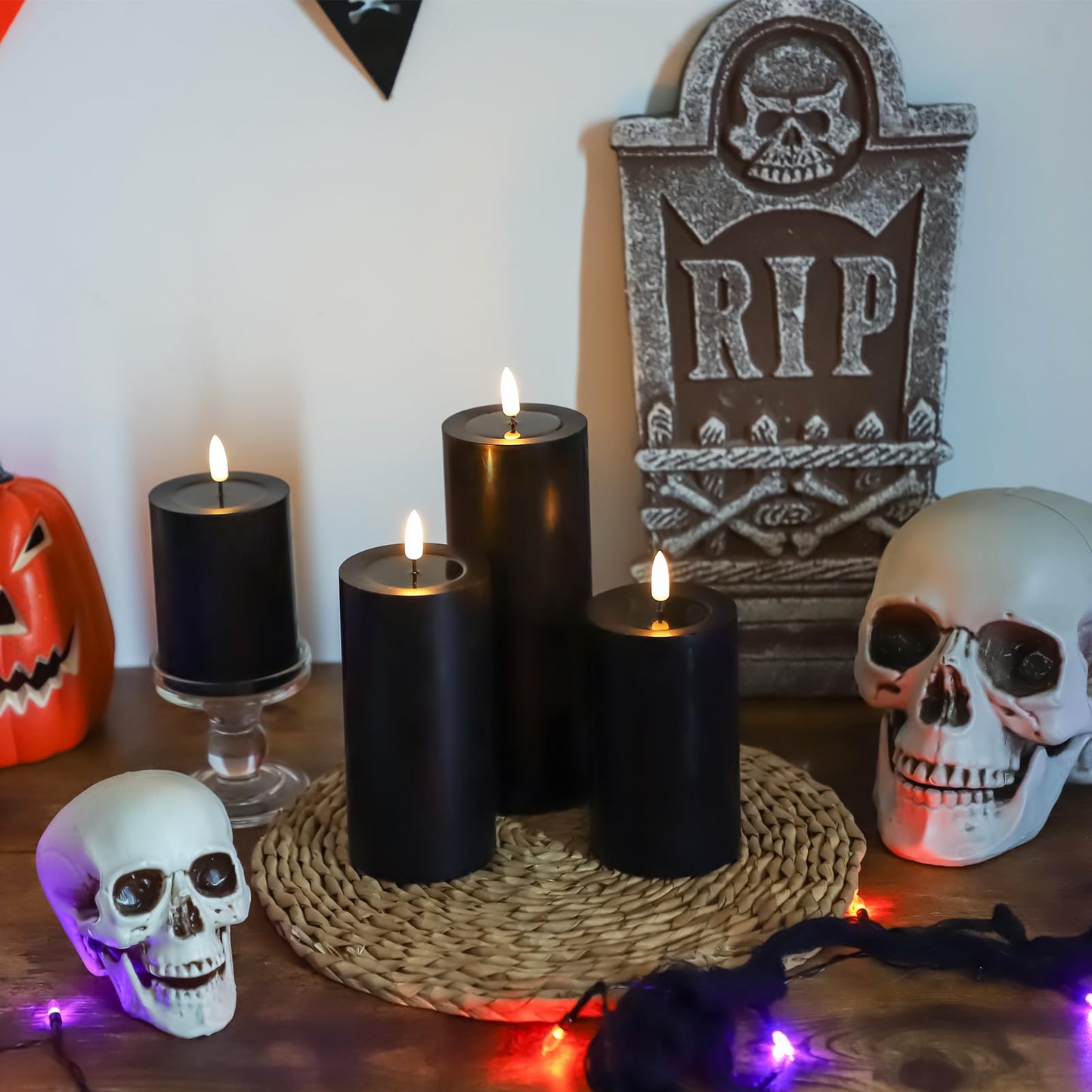 Lezonic Black Flameless Candles with Remote, LED Battery Operated Flickering with Timer, 4 Pack Glossy Wax Drips Design Real Wax Pillar for Halloween Decor, Centerpiece, Birthday Gifts (4/5/6/8 Inch)