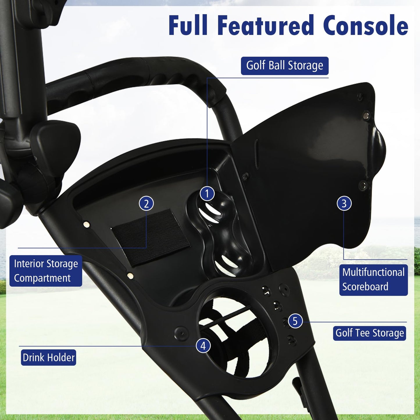ULTIMATE 3 Wheel Golf Push Cart, Aluminum Folding Golf Walking Push Cart w/Elastic Strap, Umbrella & Cup Holder, Scoreboard Storage, Insulated Storage Bag, Adjustable Handle & Foot Brake (Blue)