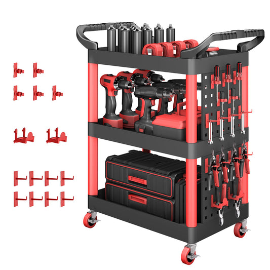 AIRAJ Rolling Utility Cart | 3-Tier Utility Cart on Wheels | Mechanic Rolling Tool Cart on Wheels | Detailing Carts | Work Carts for Garages,Warehouses,Repair Shops | with Pegboard | 440 Lbs
