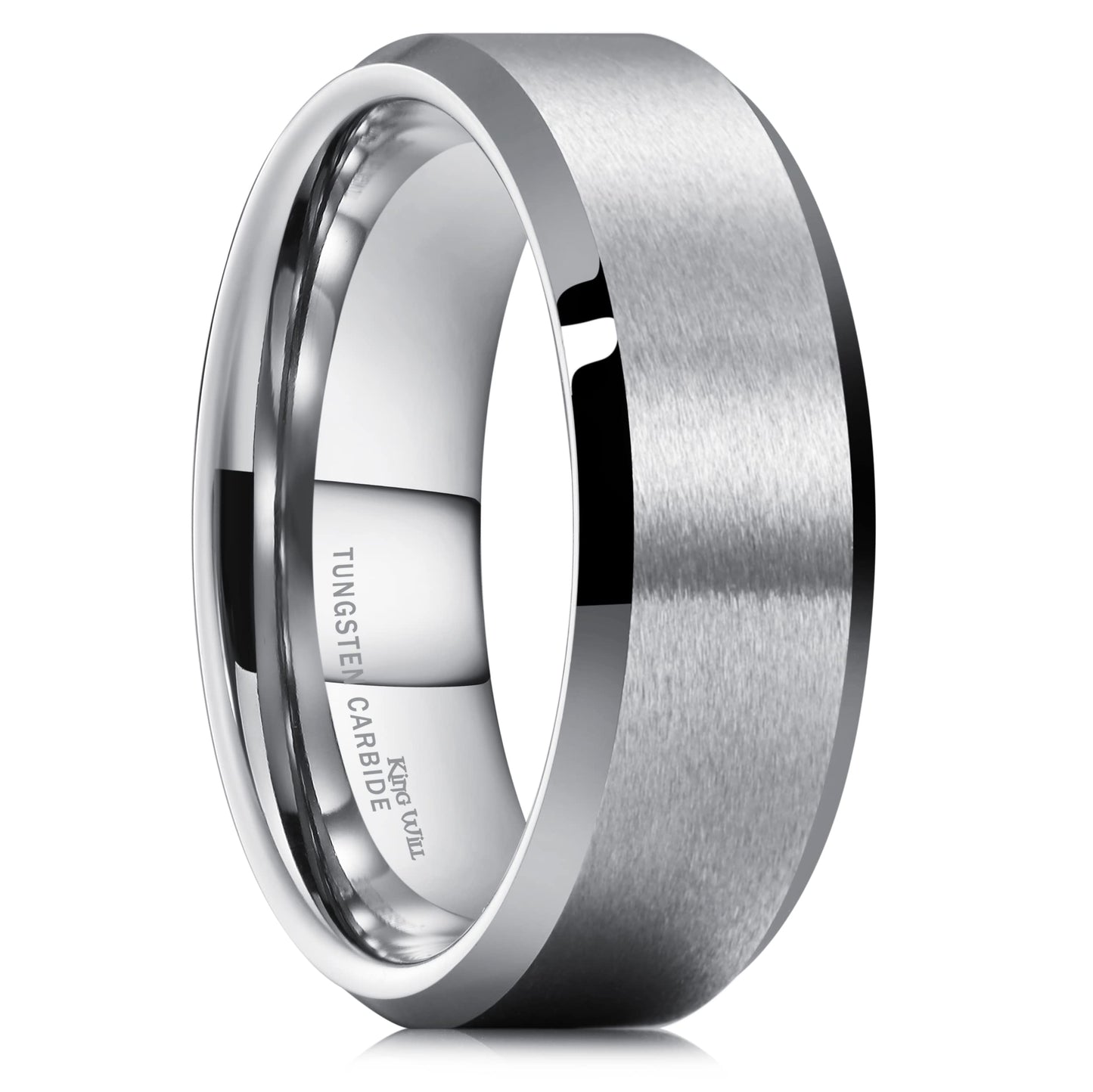 King Will Silver 7mm Men's Wedding Ring - Brushed Matte Finish, Beveled Polished Edge, Comfort Fit Size 14