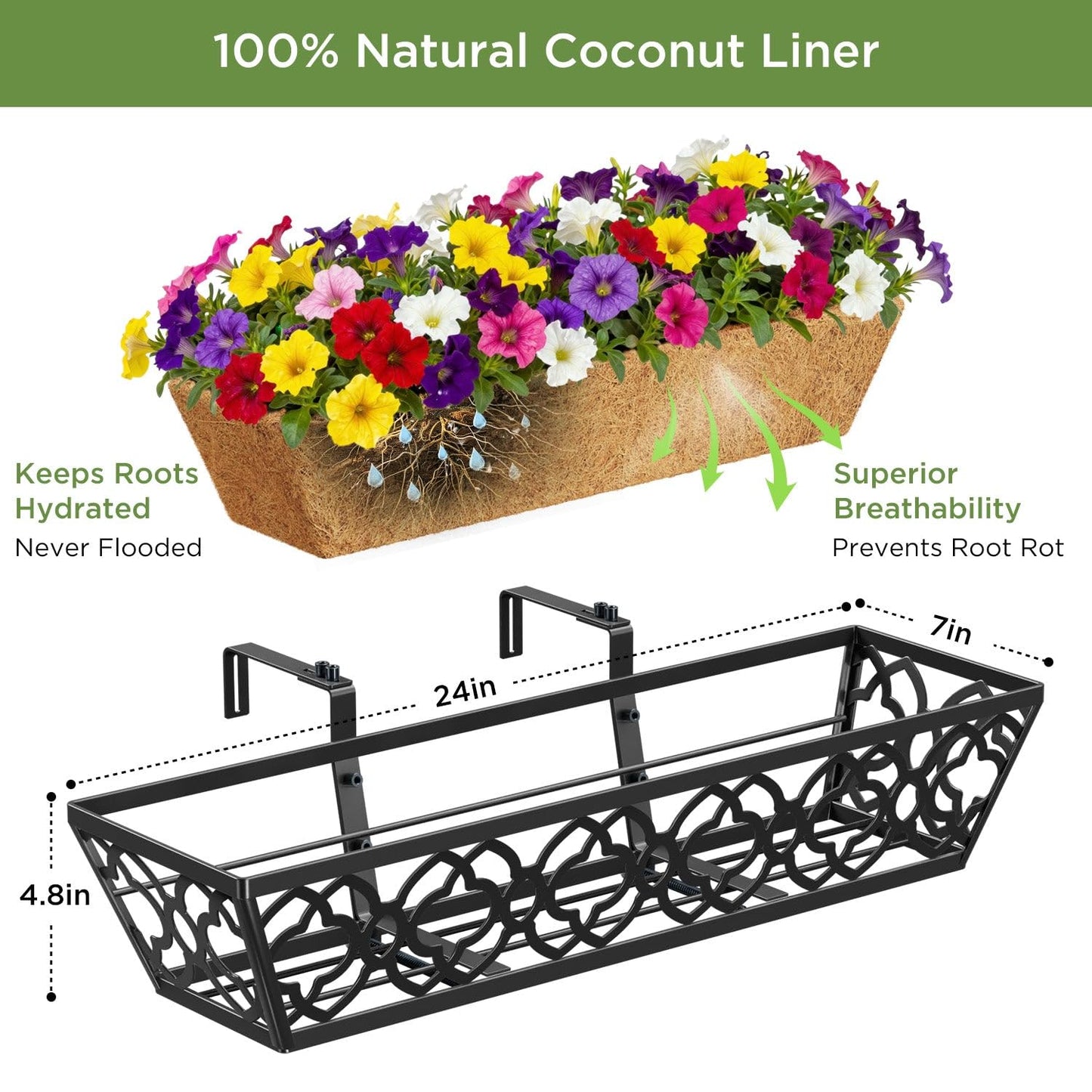 LAWYAMAI 24 Inch Railing Planter Box with Coco Liner, Adjustable Metal Hanging Planter, Window Box for Balcony Deck Fence, Outdoor Flower Box Black, 4 Pack