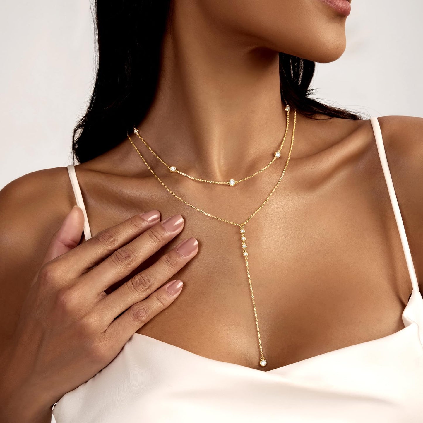 Zeffy Long Gold Necklace for Women- Dainty 14k Gold Plated Teardrop Drop Lariat Necklace Trendy Layered Simple CZ Y-Shaped Body Chain Stack Wedding Prom Dangle Statement Necklace Jewelry Gifts