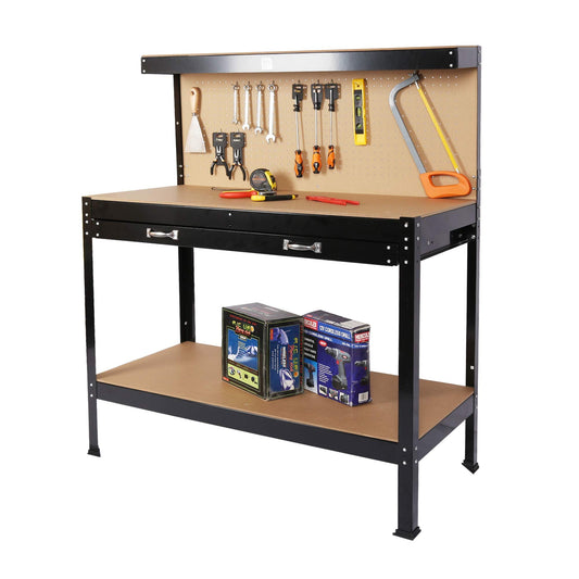 63" Heavy-Duty Steel Workbench with Drawer & Pegboard, Tool Storage Table for Garage, Workshop, and DIY Projects