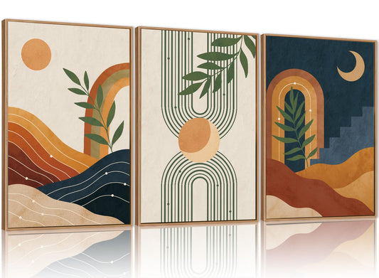 FWIEXA Vintage Boho Nature Framed Canvas Wall Art Set of 3, Minimalist Geometric Sun Moon Line Wall Prints, Abstract Green Leaf Painting,16x24In Modern Beige Navy Blue Artwork for Living Room,Bedroom