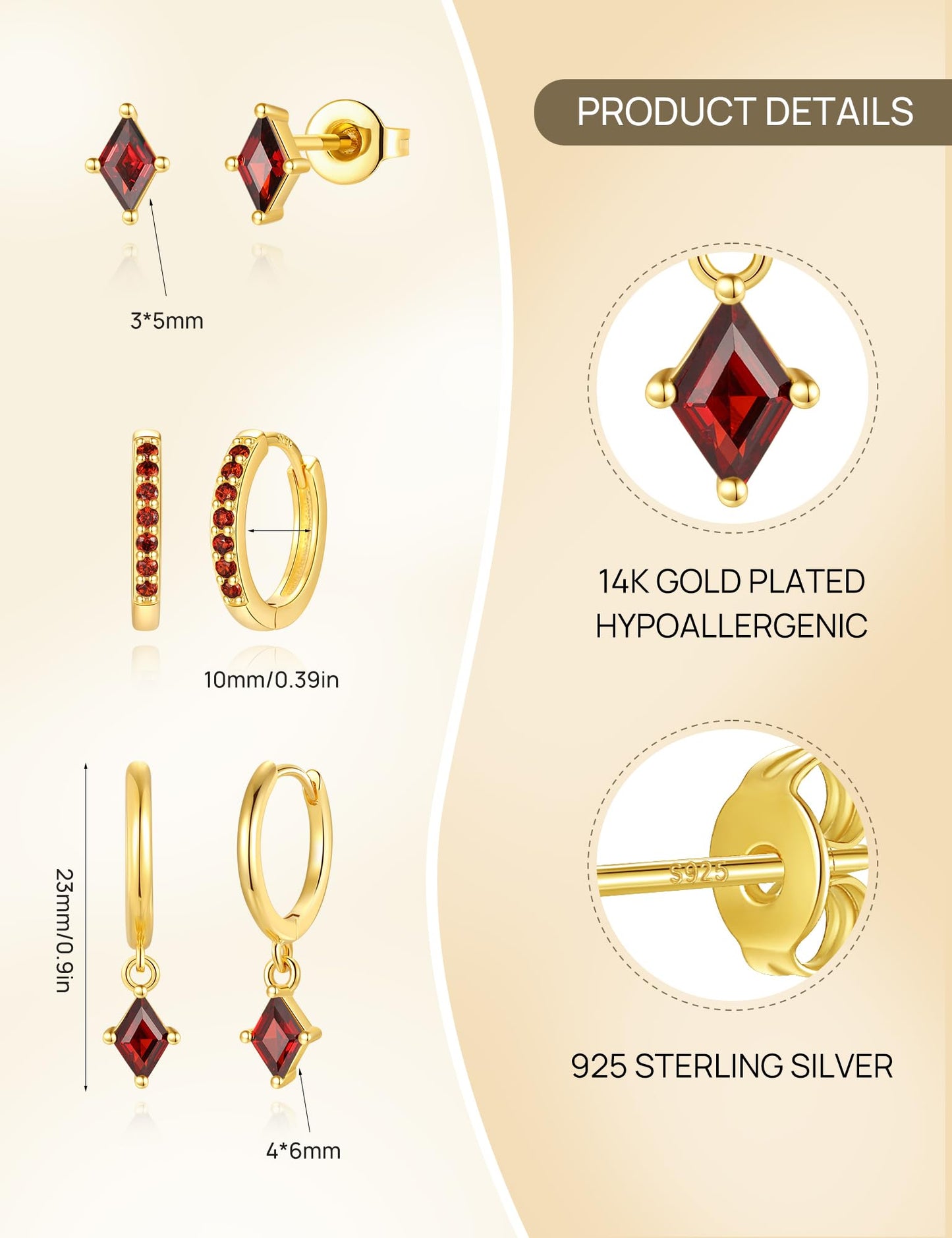 Angelady Gold Hoop Earrings Set for Women, Dainty 14K Gold Plated Red Earrings, Hypoallergenic Trendy Small Stud Earring Stacks, Huggies Dangle Earrings Red Jewelry for Women Gifts