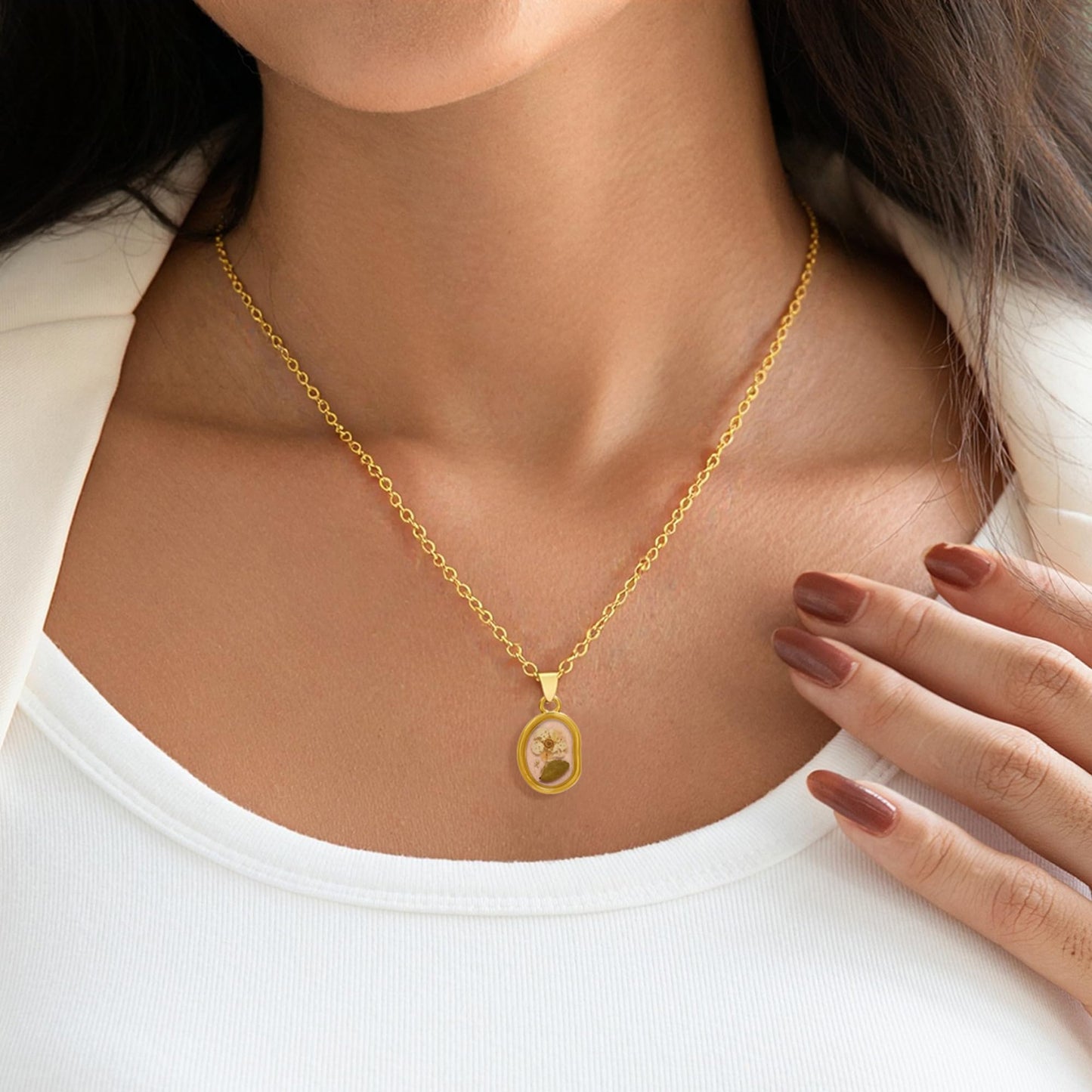LETFLY Birth Flower Necklaces for Women, 18K Gold Plated Oval Shaped Handmade Floral Pendant, Pressed Flower Necklace Jewelry Gifts Light