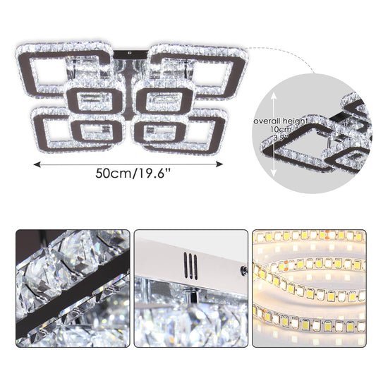FRIXCHUR 20”Crystal Chandelier Square Led Crystal Flush Mount Ceiling Light 8 Lights Modern Crystal Ceiling Pendant Light Led Crystal Chandelier for Living Room Bedroom Cool White 6500K