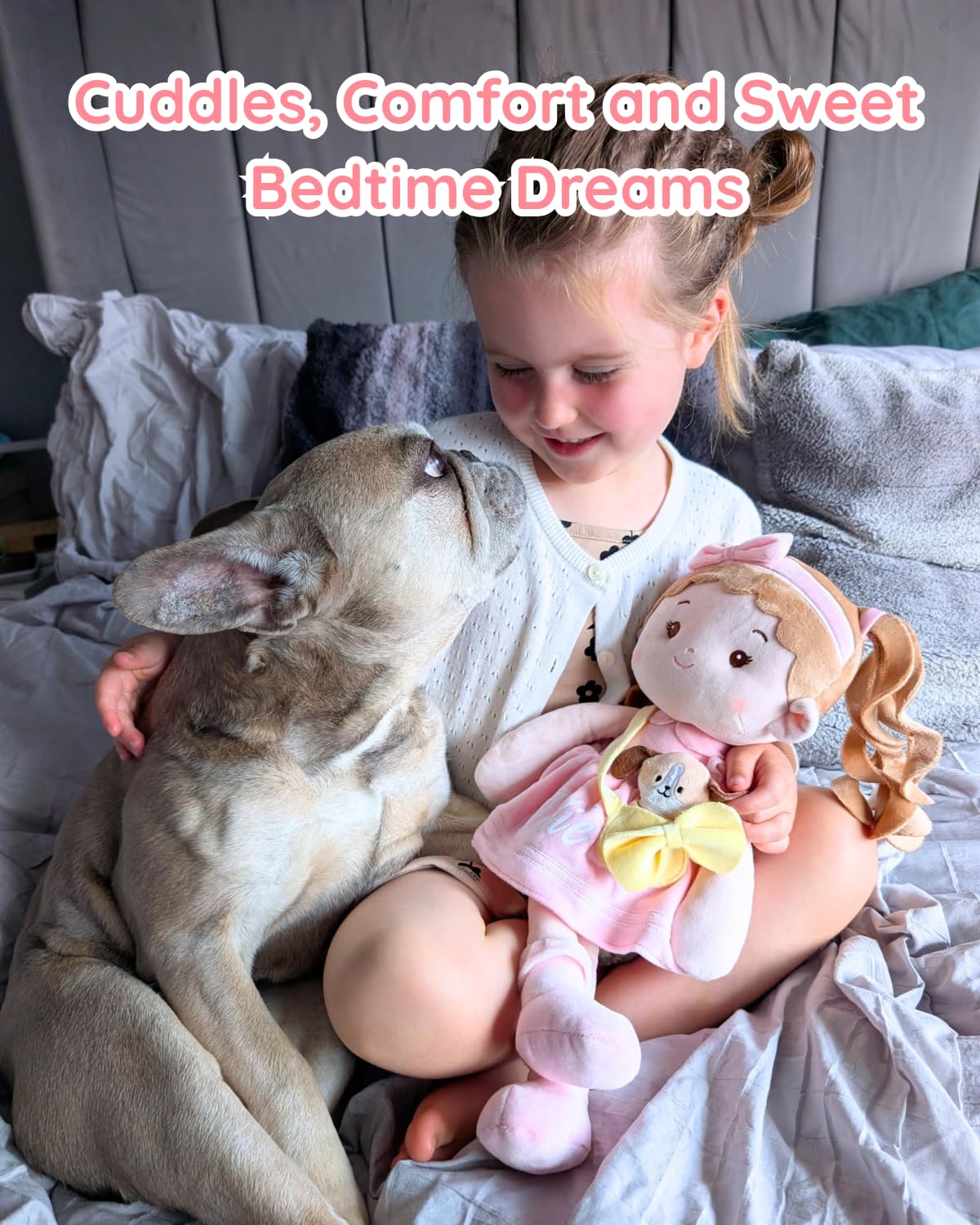 LeyaDoll Soft Baby Doll Toys (16''), My First Baby Rag Doll for 1 Year-Old Girl Birthday Gift, Christmas Plush Toys Gift for Toddler Kids Infants-Daydream-Mia-and-Her-Pet-Dog