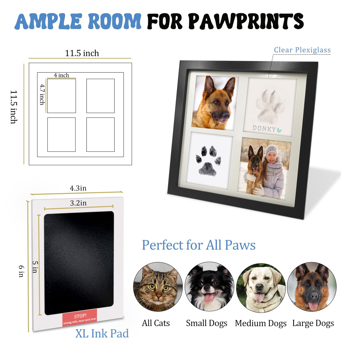 MYPAWLETS Ink & Clay Paw Print Kit for Dog Cat,Clean-Touch Ink Pad & Soft Clay,Pet Paw Print Impression Kit Large Area,Keepsake Frame for 1-2 Pets,Cat/Dog Gifts
