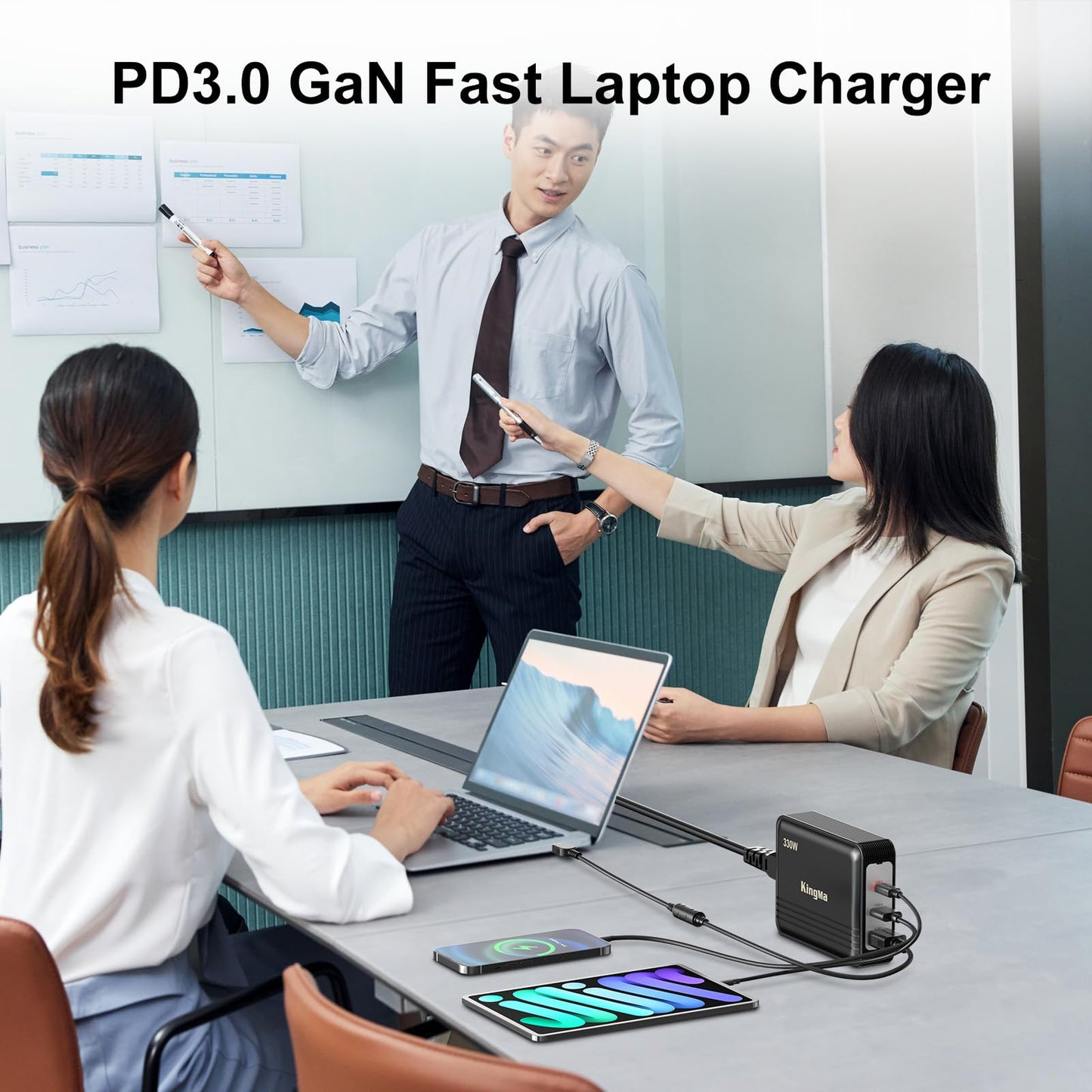 King Ma GaN Portable Laptop Charger Compatible with Legion Pro 7i Gen 10,3 Ports Fast Charging,with a Power Cable with a 11-45 mm Charging Port(20V/20A Output), for Gaming and Engineering Laptops.