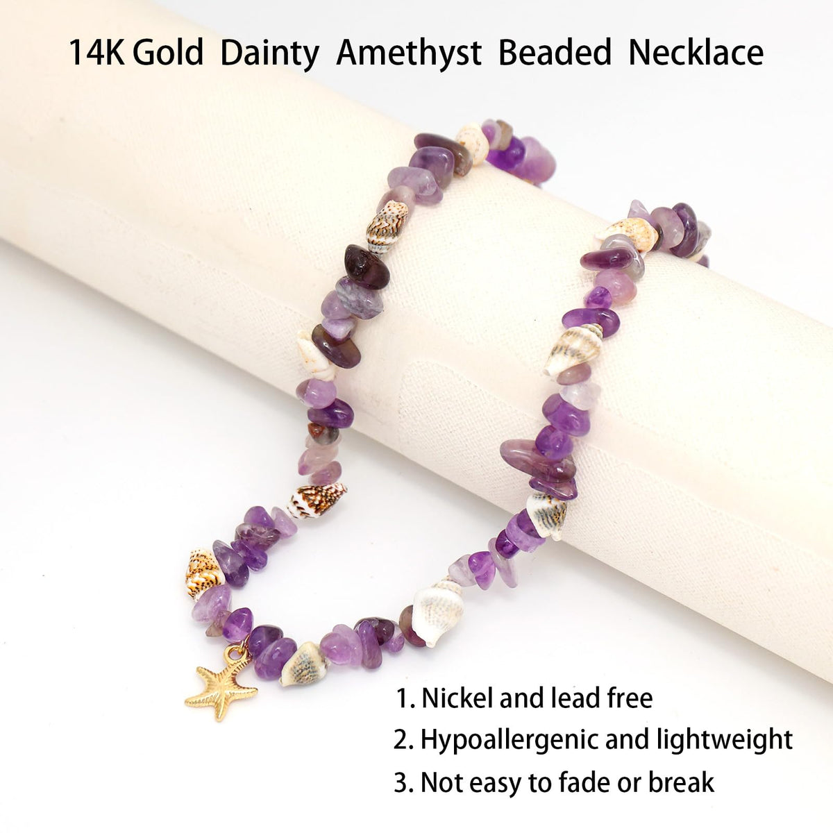 Amethyst Necklace for Women, 14K Gold Plated Dainty Starfish Natural Amethyst Crystal Beaded Necklaces Waterproof Handmade Beach Summer Boho Choker Bead Ocean Beachy Vacation Necklace for Women